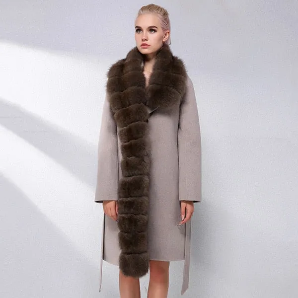 Luxury Cashmere with Large Fox Fur Collar Wool Blend Winter Real Fur Coat