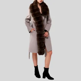 Luxury Cashmere with Large Fox Fur Collar Wool Blend Winter Real Fur Coat