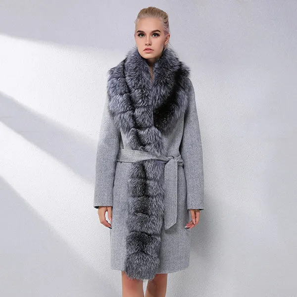Luxury Cashmere with Large Fox Fur Collar Wool Blend Winter Real Fur Coat