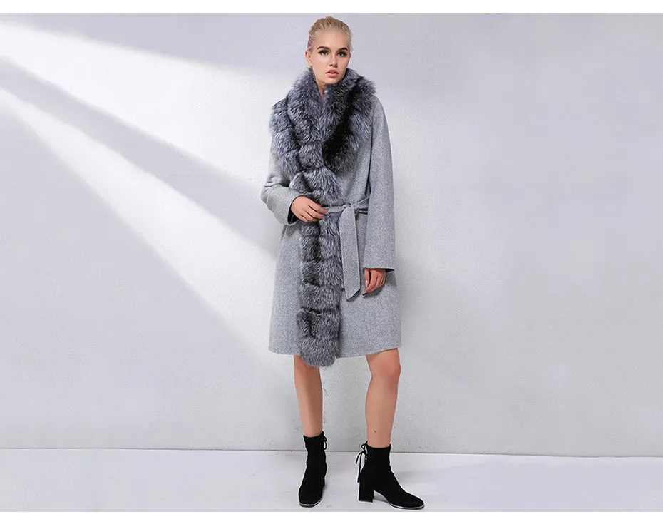 Luxury Cashmere with Large Fox Fur Collar Wool Blend Winter Real Fur Coat