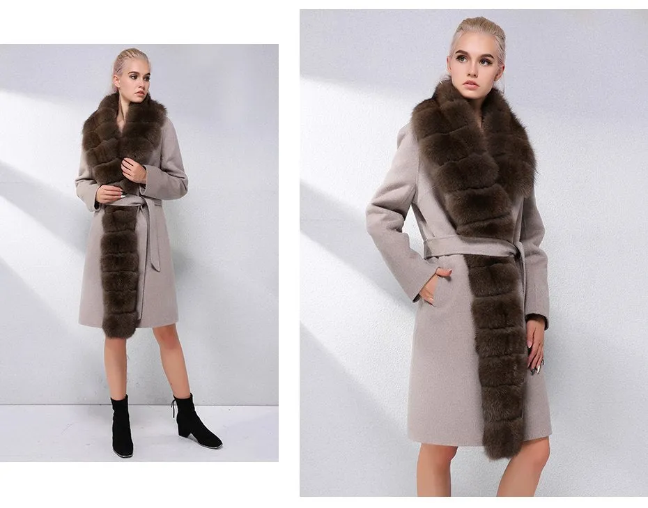 Luxury Cashmere with Large Fox Fur Collar Wool Blend Winter Real Fur Coat