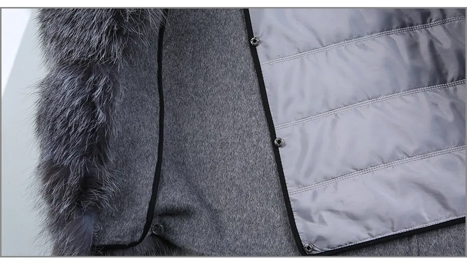 Luxury Cashmere with Large Fox Fur Collar Wool Blend Winter Real Fur Coat