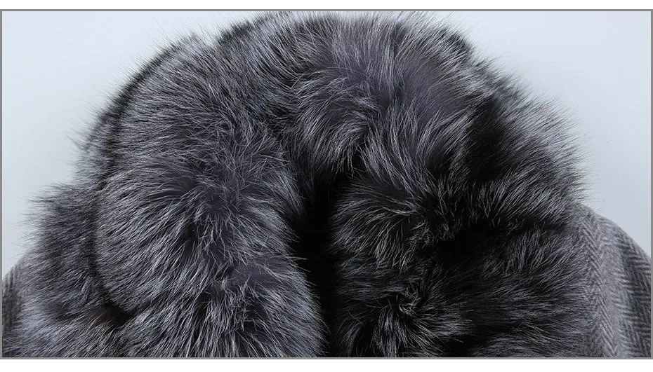 Luxury Cashmere with Large Fox Fur Collar Wool Blend Winter Real Fur Coat