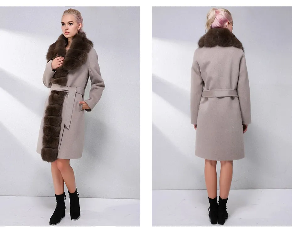 Luxury Cashmere with Large Fox Fur Collar Wool Blend Winter Real Fur Coat
