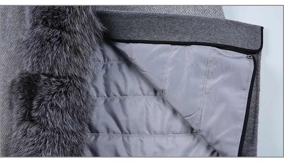 Luxury Cashmere with Large Fox Fur Collar Wool Blend Winter Real Fur Coat
