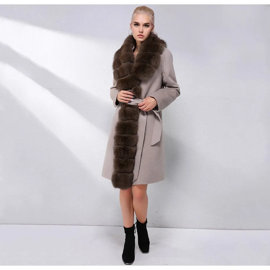 Luxury Cashmere with Large Fox Fur Collar Wool Blend Winter Real Fur Coat