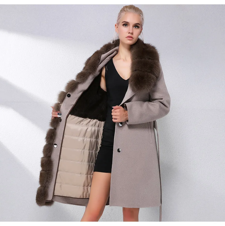 Luxury Cashmere with Large Fox Fur Collar Wool Blend Winter Real Fur Coat