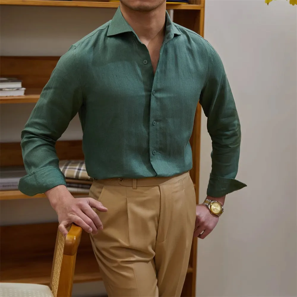 Men's Breathable Pure Linen Slim Fit Windsor Collar Long Sleeve Shirt