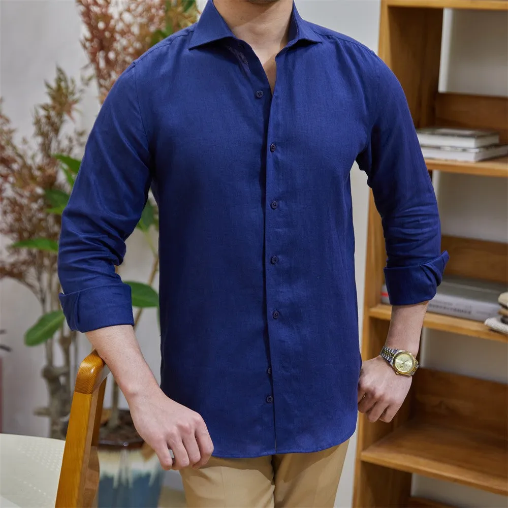 Men's Breathable Pure Linen Slim Fit Windsor Collar Long Sleeve Shirt
