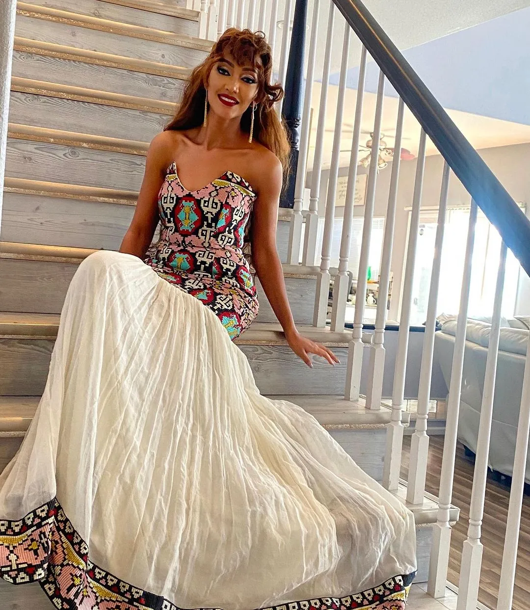 Modern Strapless Multicolored Habesha Dress: Intricate Handcrafted Wide Embroidery Traditional Ethiopian Dress Gorgeous Ethiopian Wedding Dress