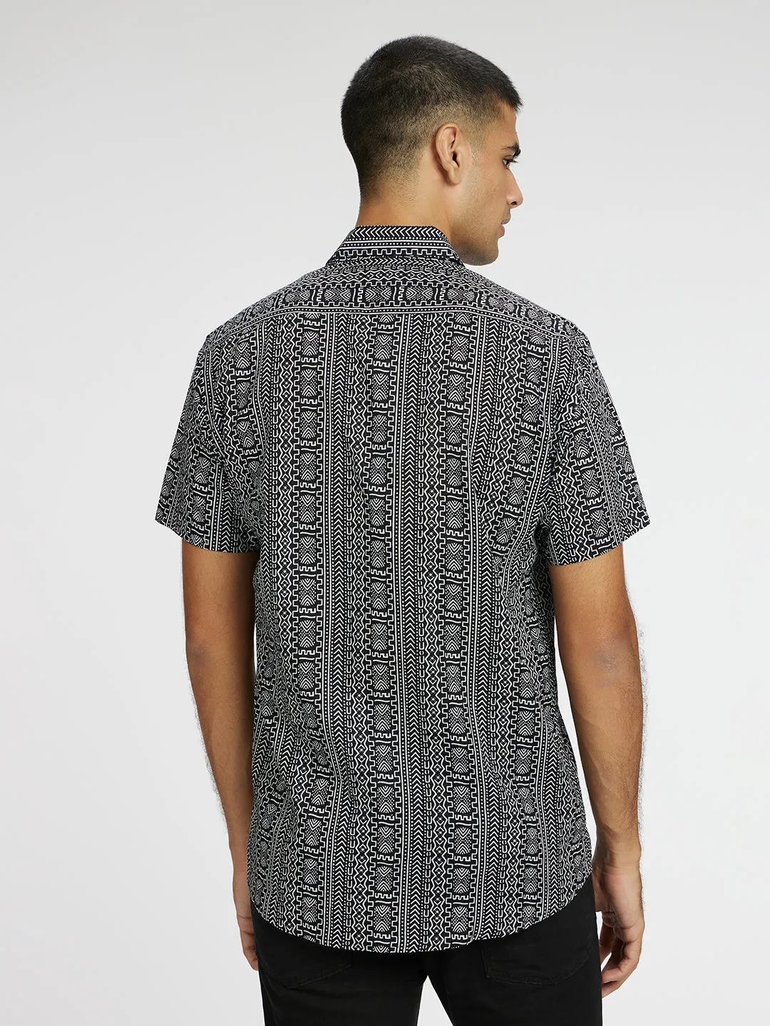 Monochrome Black Printed Halfsleeves Cotton Shirt
