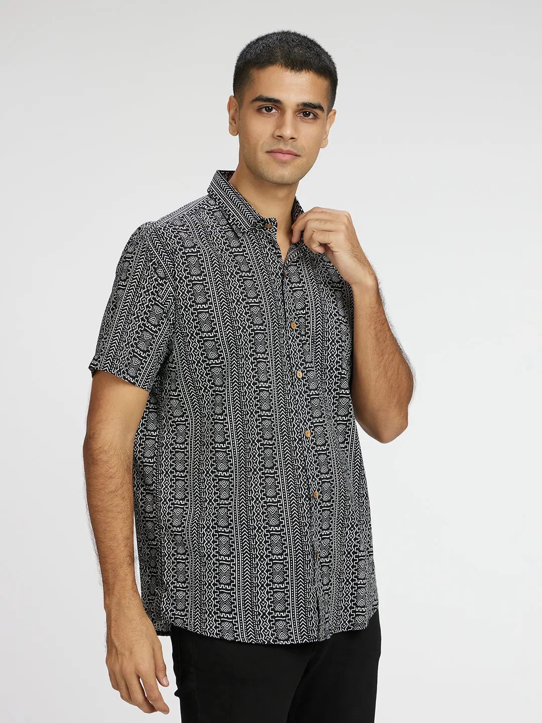 Monochrome Black Printed Halfsleeves Cotton Shirt