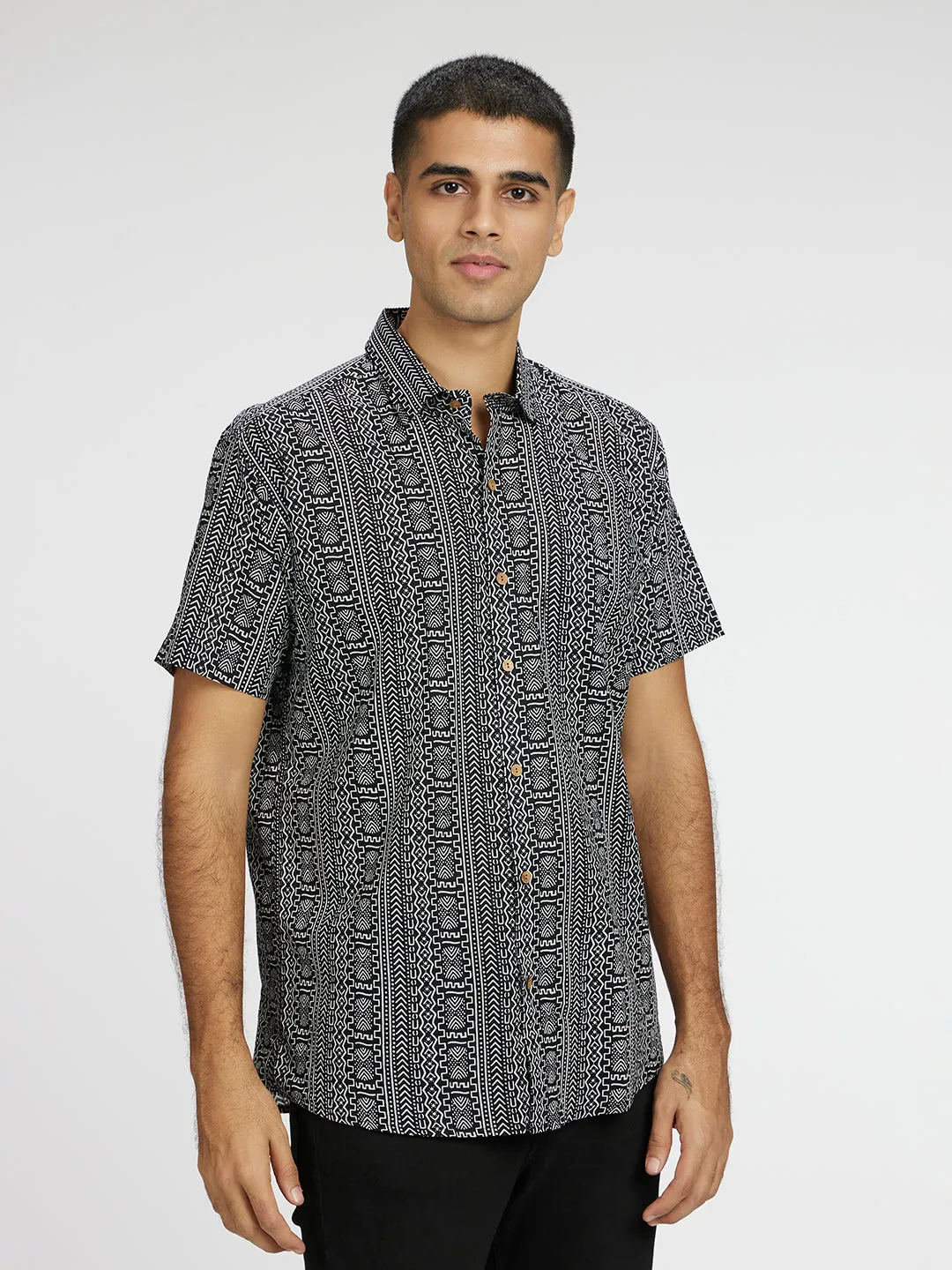 Monochrome Black Printed Halfsleeves Cotton Shirt