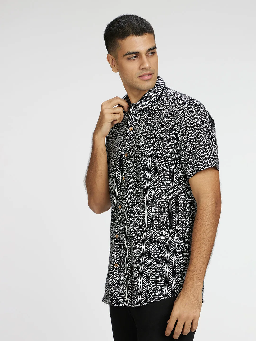 Monochrome Black Printed Halfsleeves Cotton Shirt