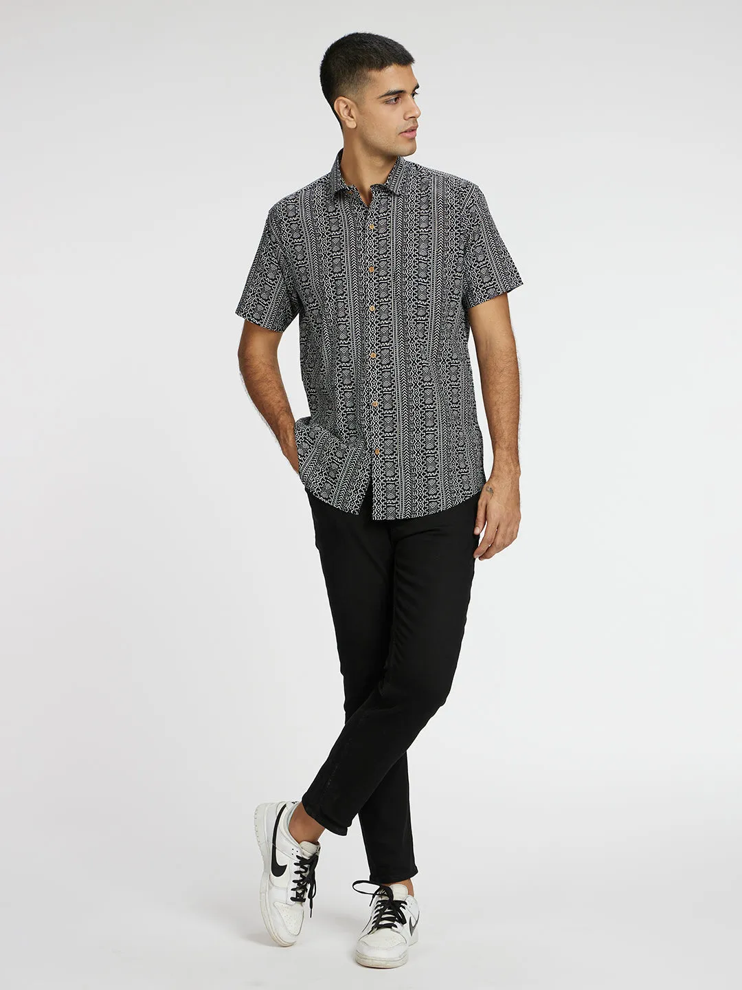 Monochrome Black Printed Halfsleeves Cotton Shirt