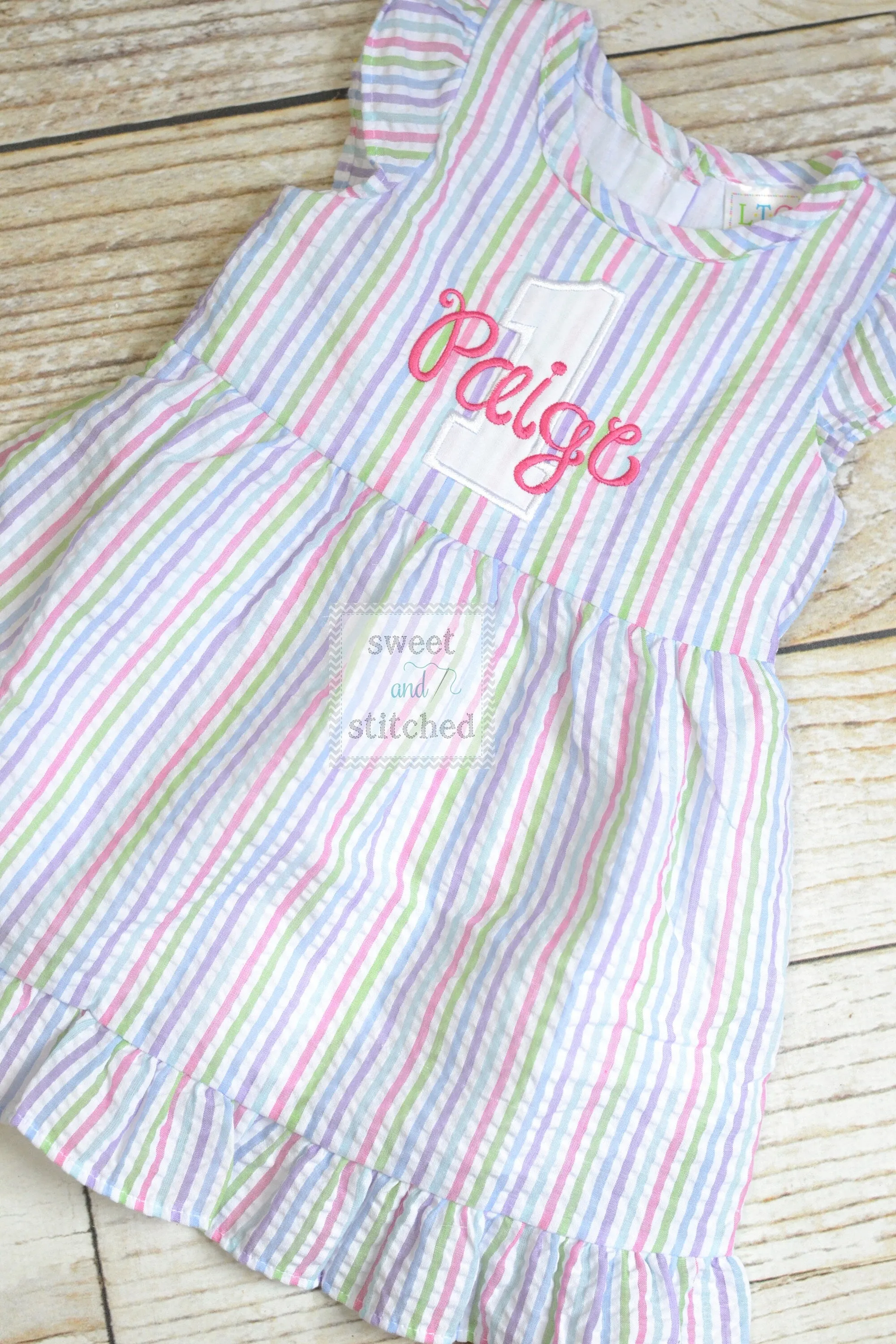 Monogrammed Seersucker 1st Birthday dress, toddler dress, baby girl rainbow cake smash dress personalized, cake smash outfit