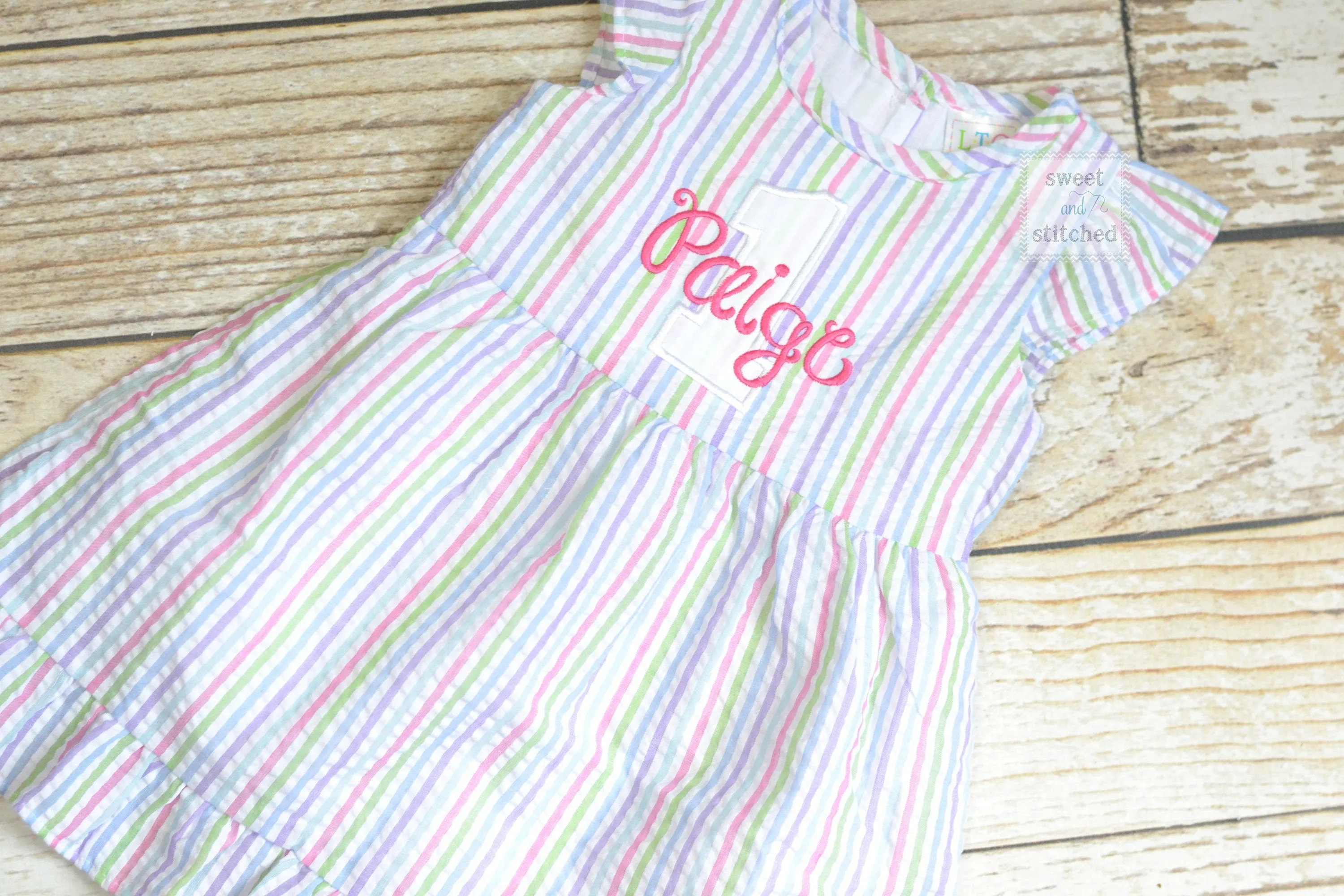 Monogrammed Seersucker 1st Birthday dress, toddler dress, baby girl rainbow cake smash dress personalized, cake smash outfit