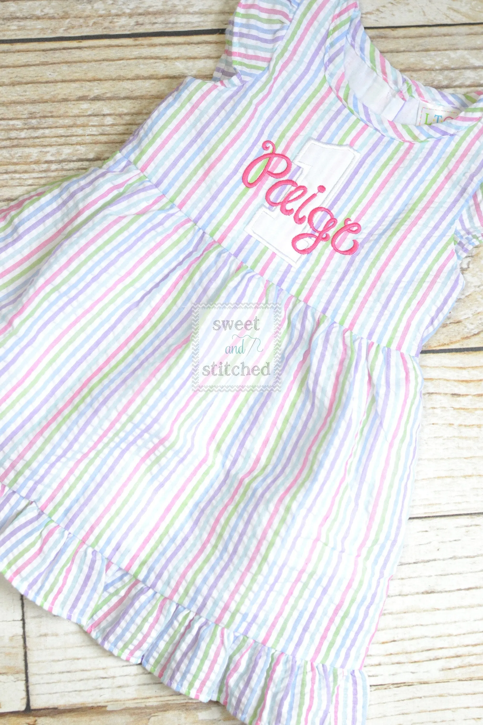 Monogrammed Seersucker 1st Birthday dress, toddler dress, baby girl rainbow cake smash dress personalized, cake smash outfit