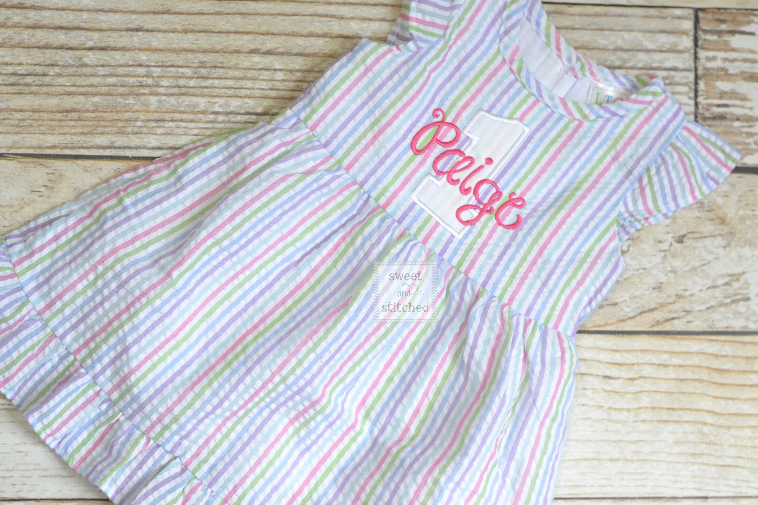Monogrammed Seersucker 1st Birthday dress, toddler dress, baby girl rainbow cake smash dress personalized, cake smash outfit