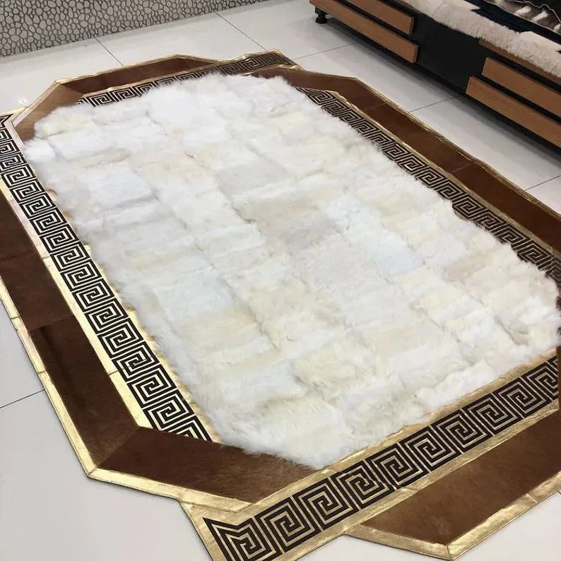 Patchwork Handmade Brown White Natural Sheepskin 8x10 Home Decor Rug