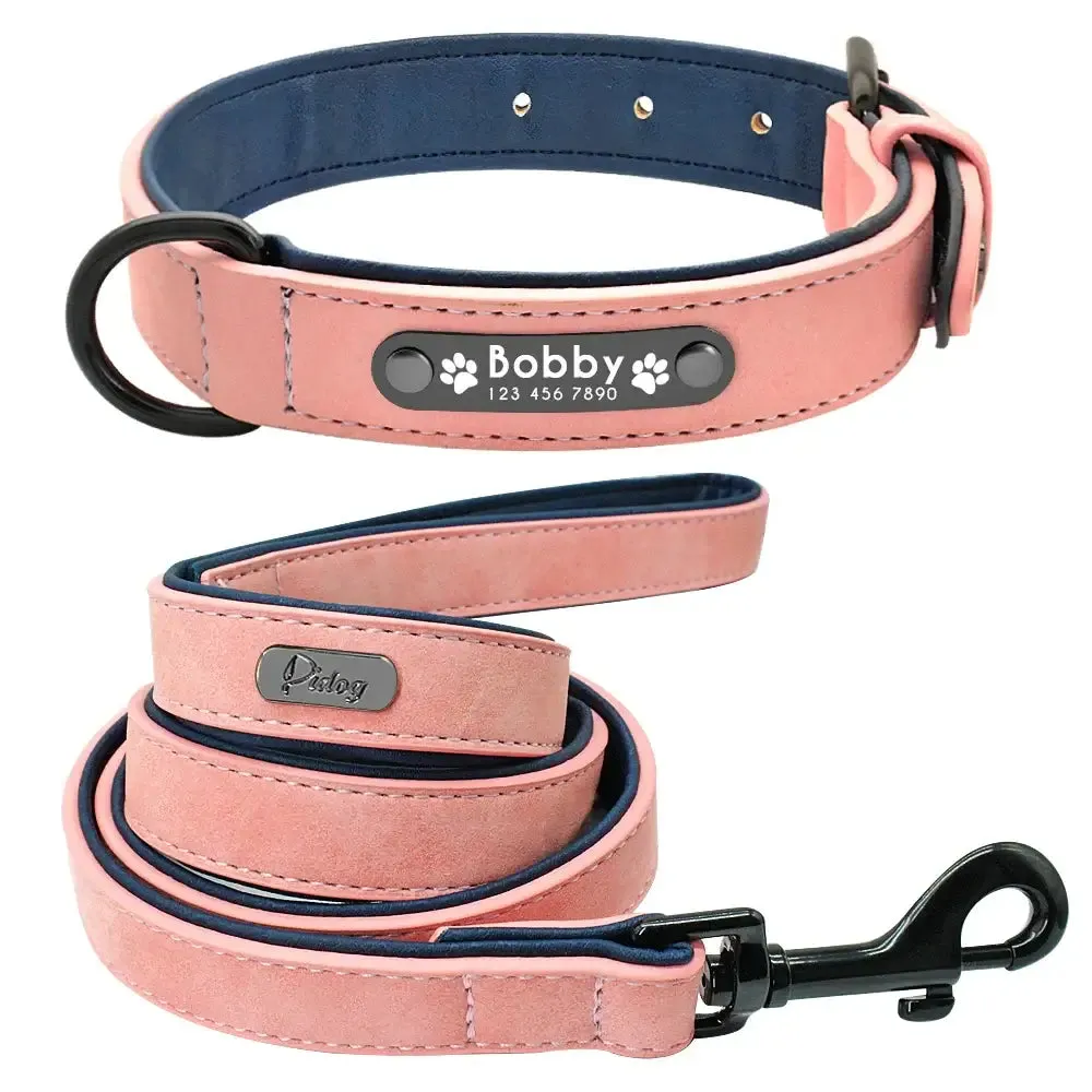 Personalized Engraved Leather Dog Collar Leash Set