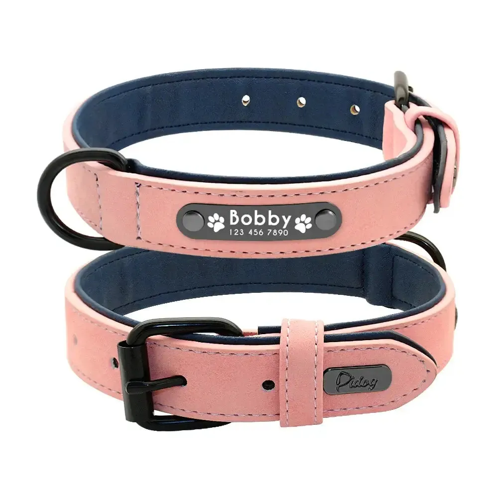 Personalized Engraved Leather Dog Collar Leash Set