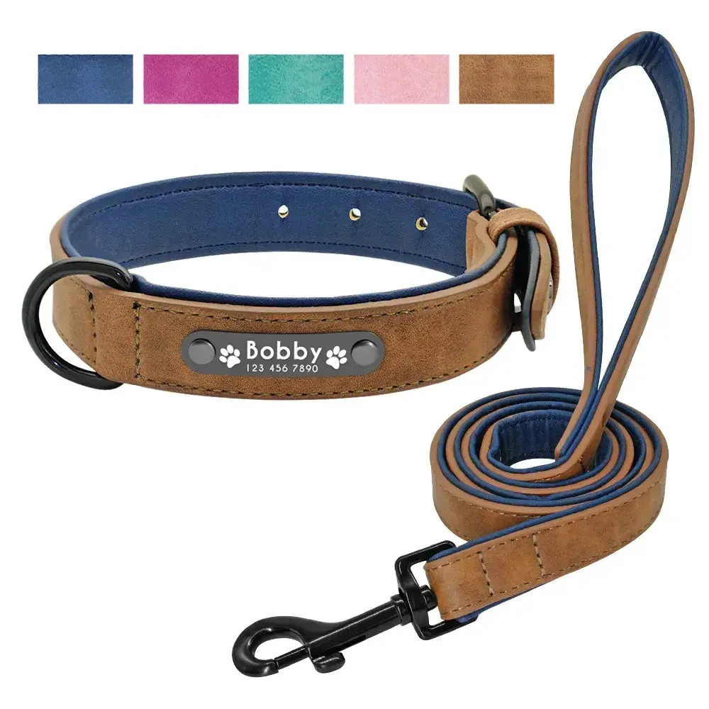 Personalized Engraved Leather Dog Collar Leash Set