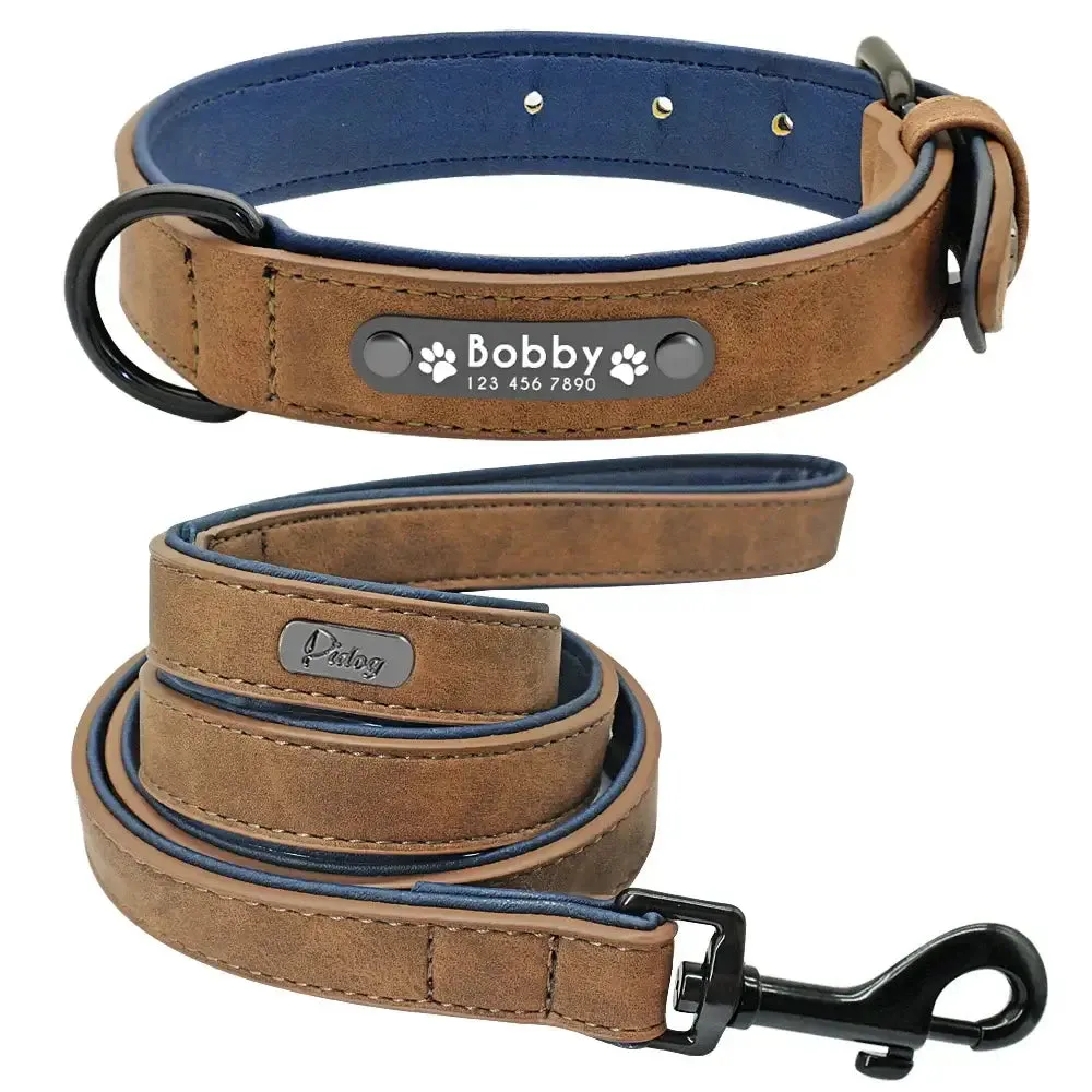 Personalized Engraved Leather Dog Collar Leash Set