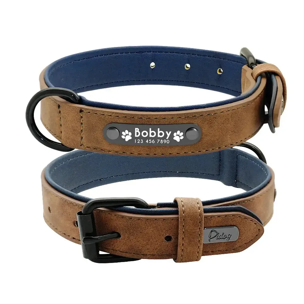 Personalized Engraved Leather Dog Collar Leash Set