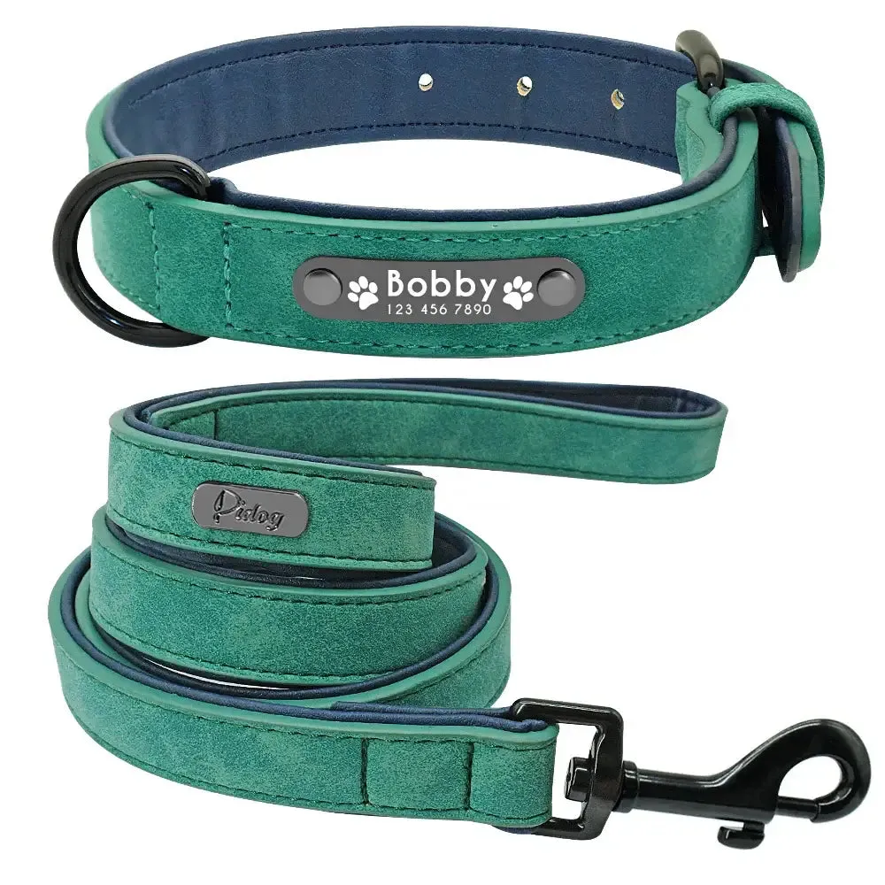 Personalized Engraved Leather Dog Collar Leash Set