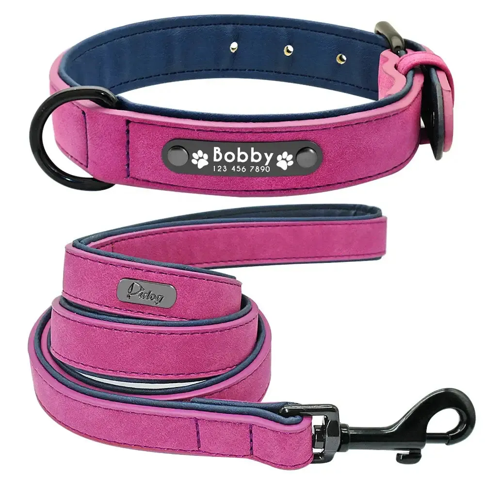 Personalized Engraved Leather Dog Collar Leash Set