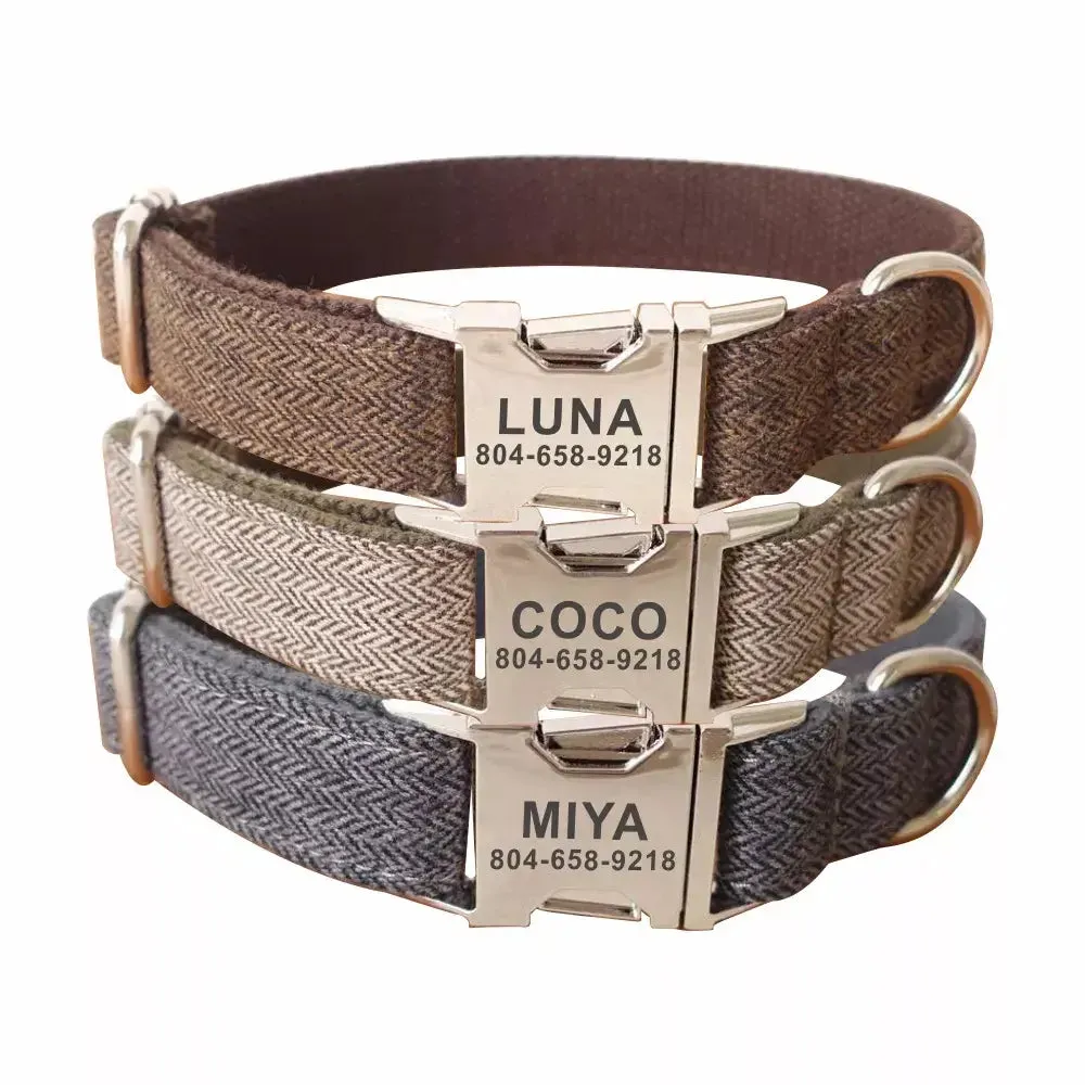 Personalized Luxury Herringbone Dog Collar Leash Set