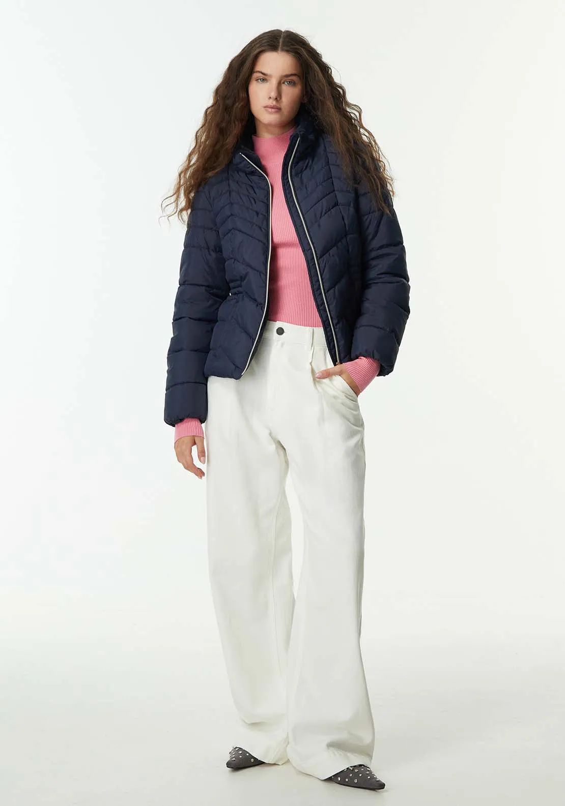 Plain Furry Parka - Navy