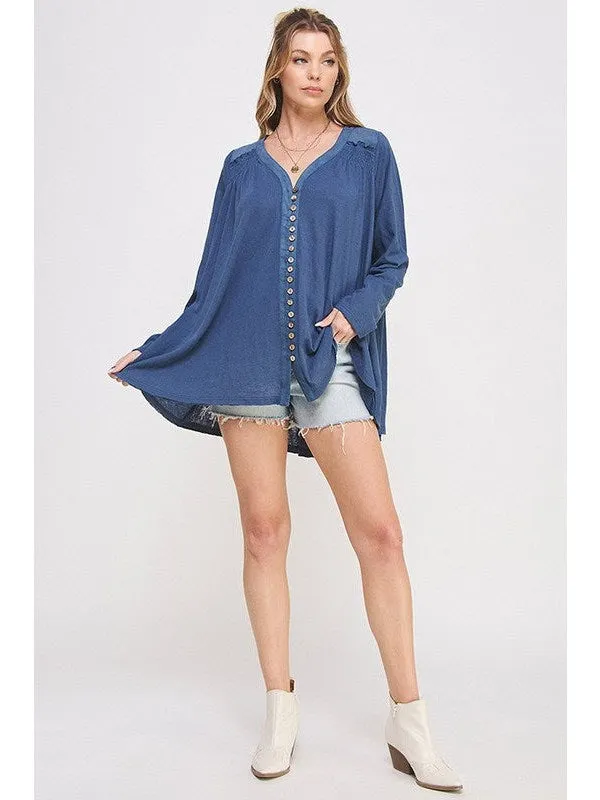 PLUS LONG SLV V-NECK OVERSIZED BUTTON DOWN TUNIC