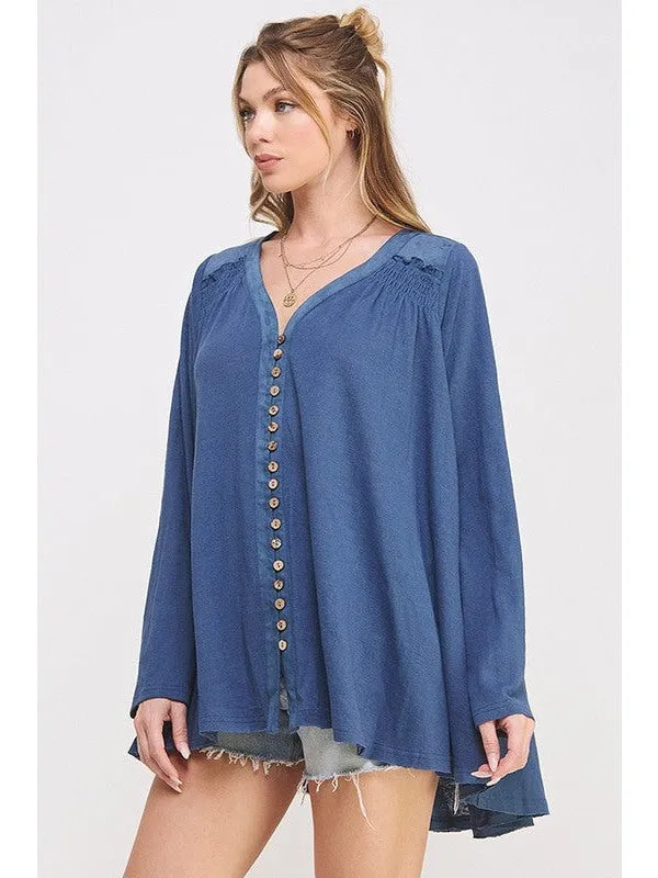 PLUS LONG SLV V-NECK OVERSIZED BUTTON DOWN TUNIC