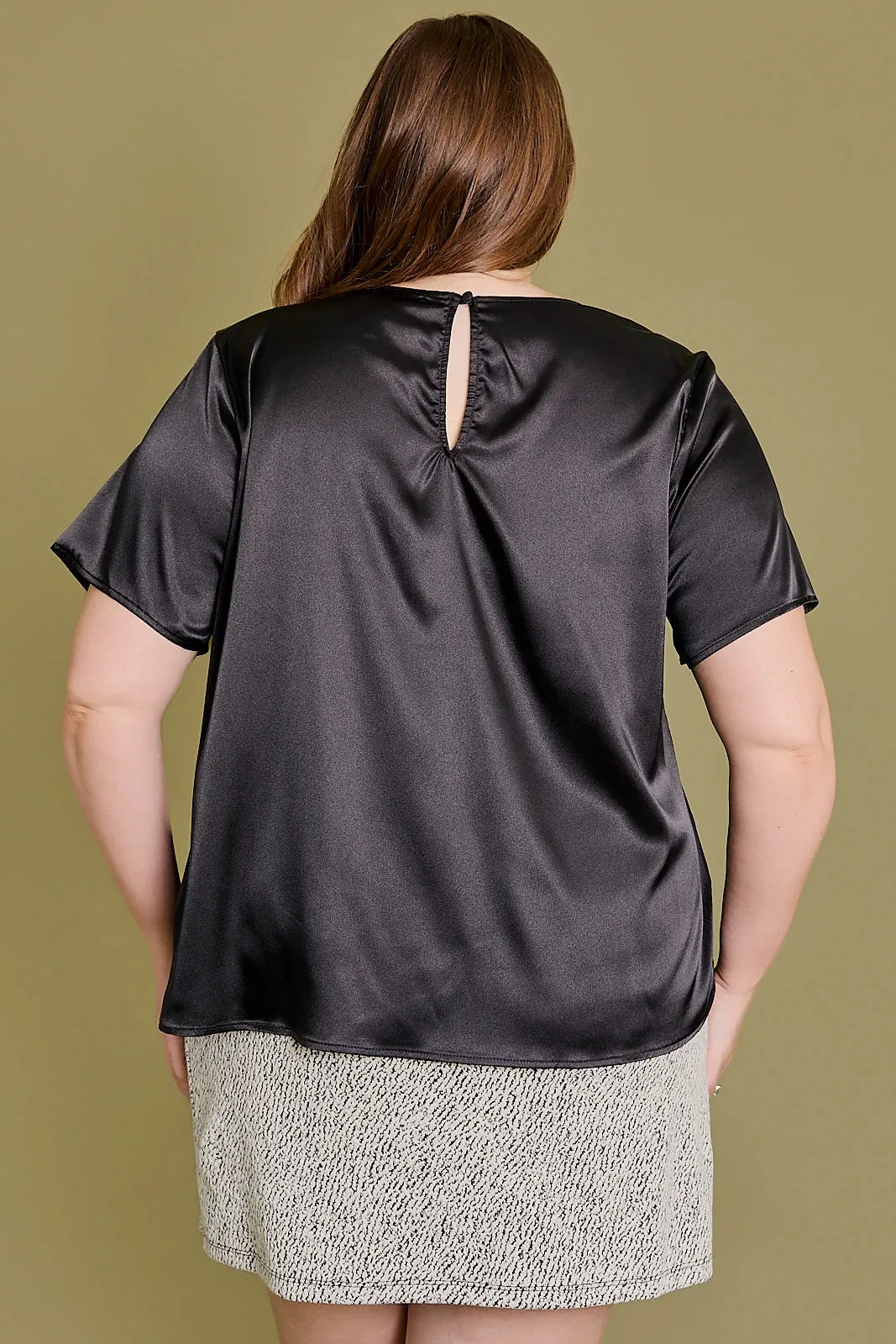 Plus Size Short Sleeve Round Neckline Satin Top