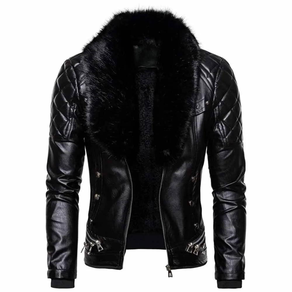 Punk Detachable Fur Collar Thickened PU Leather Jacket