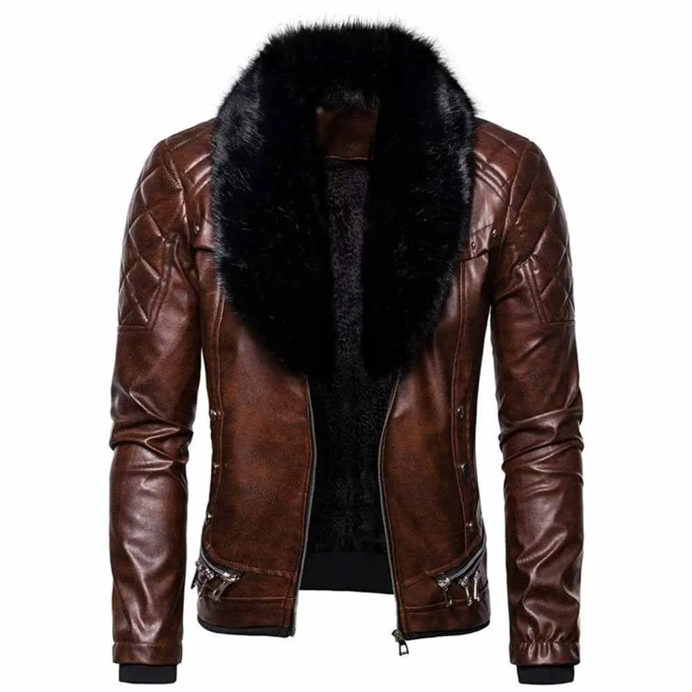 Punk Detachable Fur Collar Thickened PU Leather Jacket
