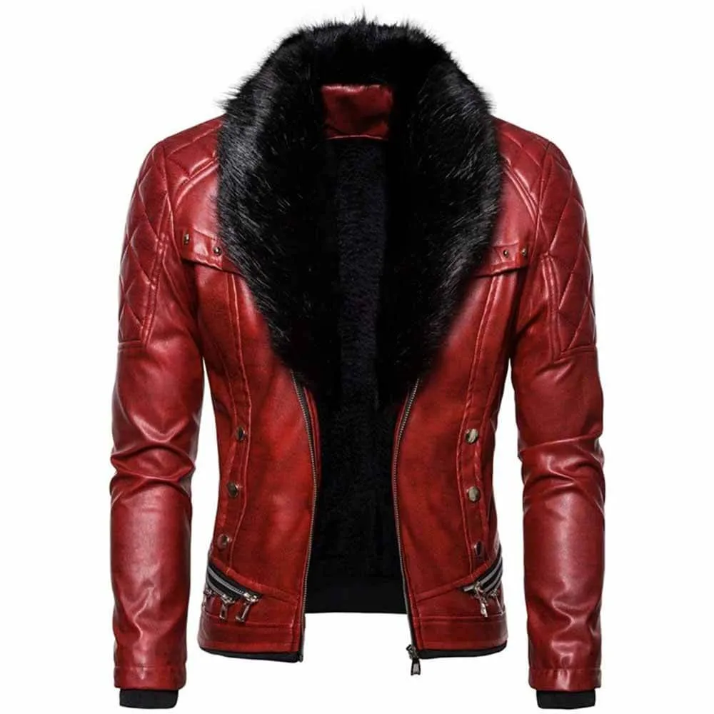 Punk Detachable Fur Collar Thickened PU Leather Jacket