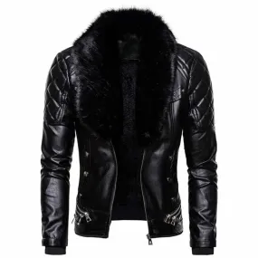 Punk Detachable Fur Collar Thickened PU Leather Jacket