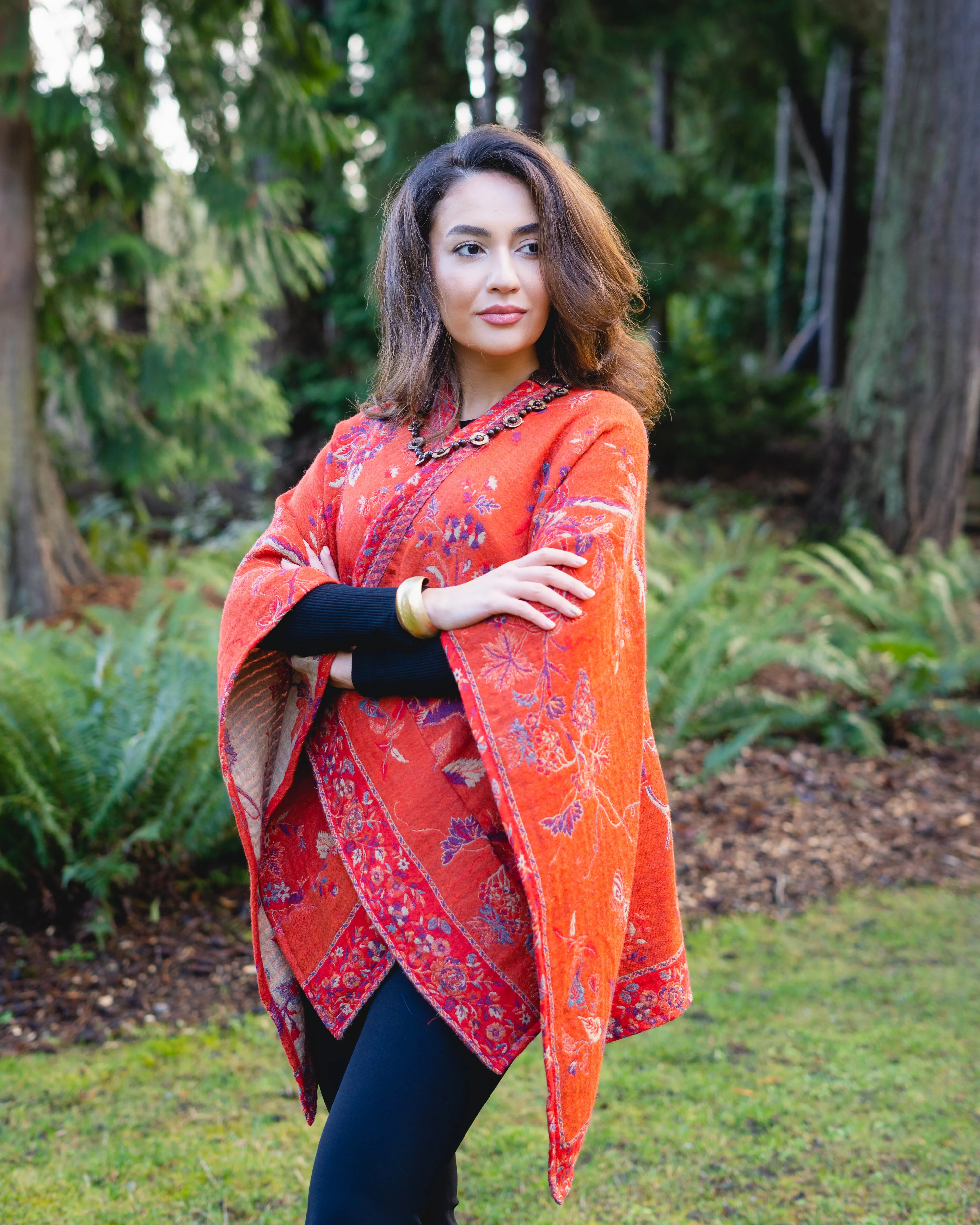 Pure Merino Boiled Wool Reversible Poncho Tangerine Colors  Regular Size   Free Bag