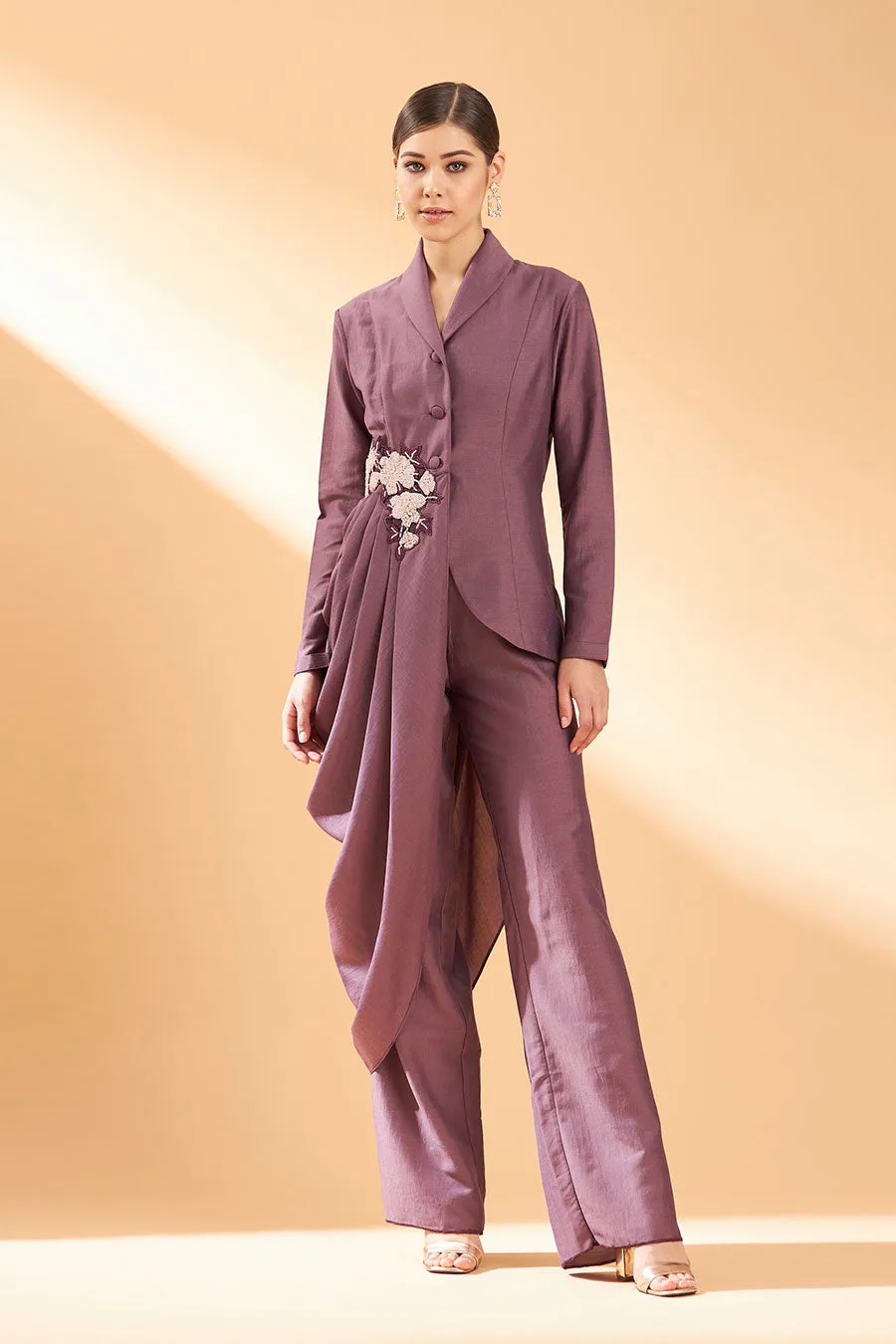 Purple Cowl Blazer & Pant Co-Ord Set
