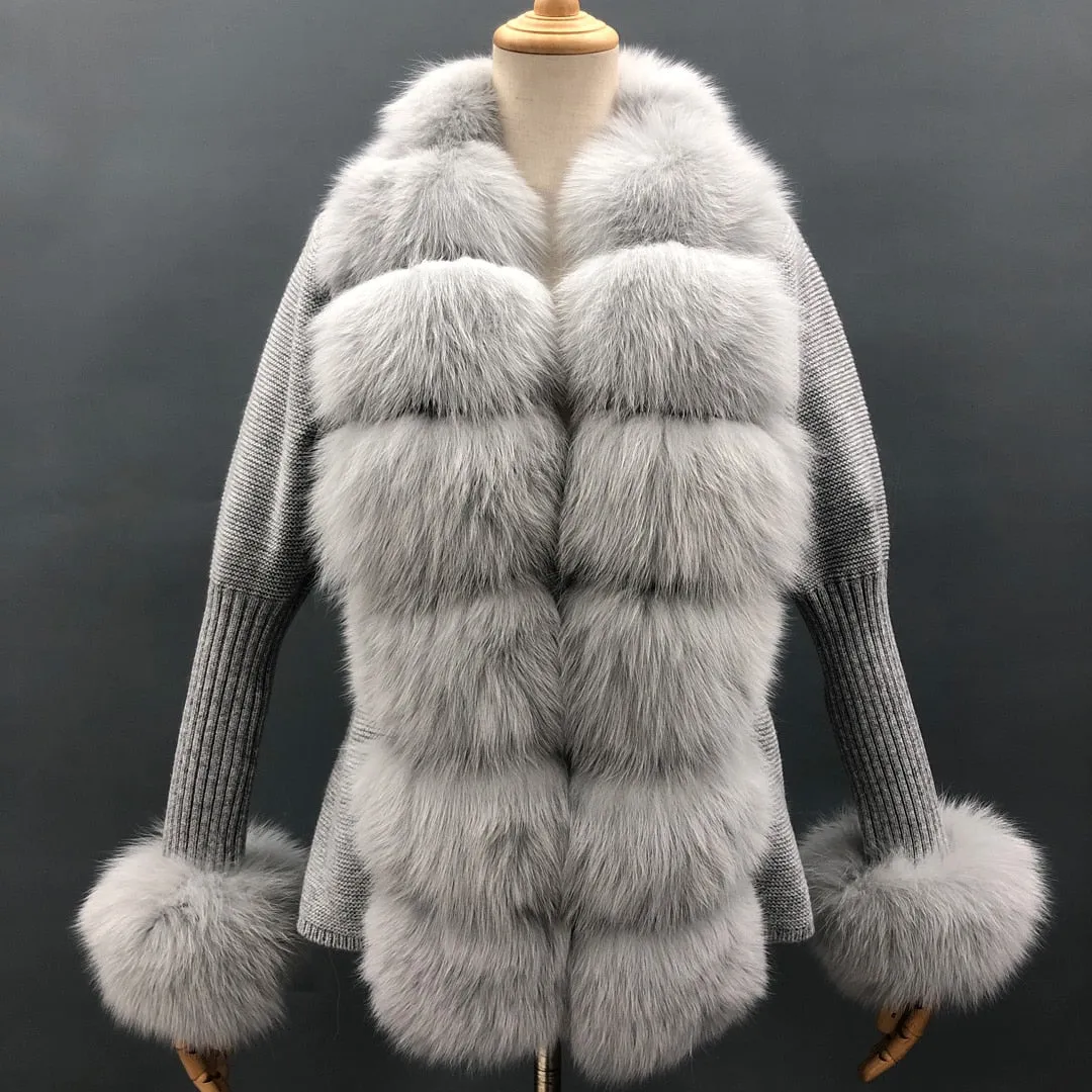 Real Fox Fur Knitting Sweater Long Sleeves Belt Wool Cardigan  Coat