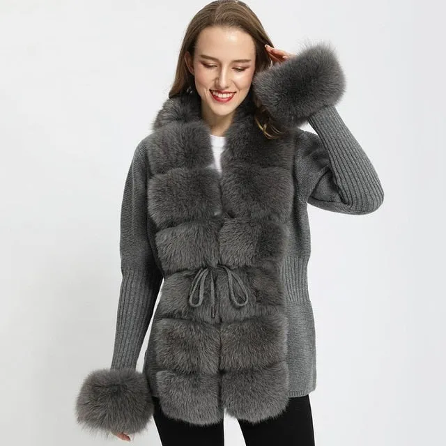 Real Fox Fur Knitting Sweater Long Sleeves Belt Wool Cardigan  Coat