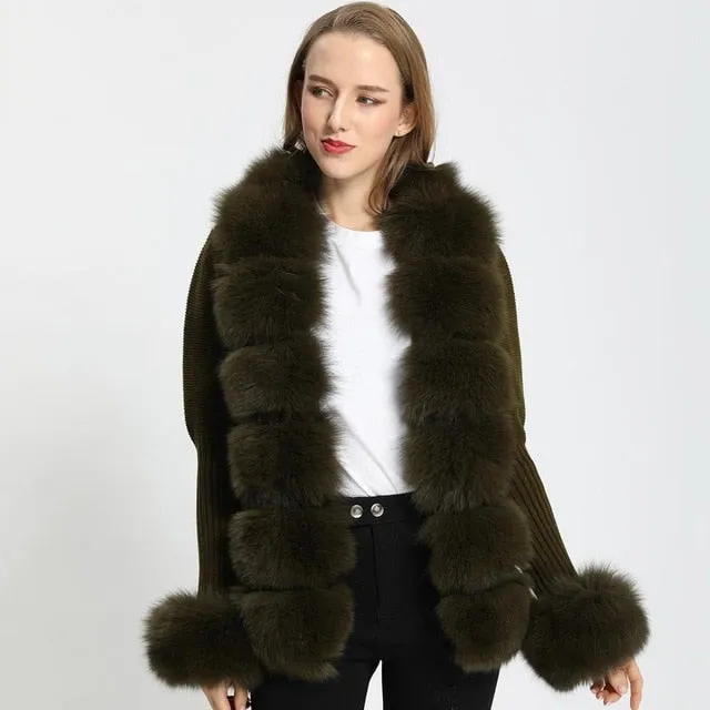 Real Fox Fur Knitting Sweater Long Sleeves Belt Wool Cardigan  Coat