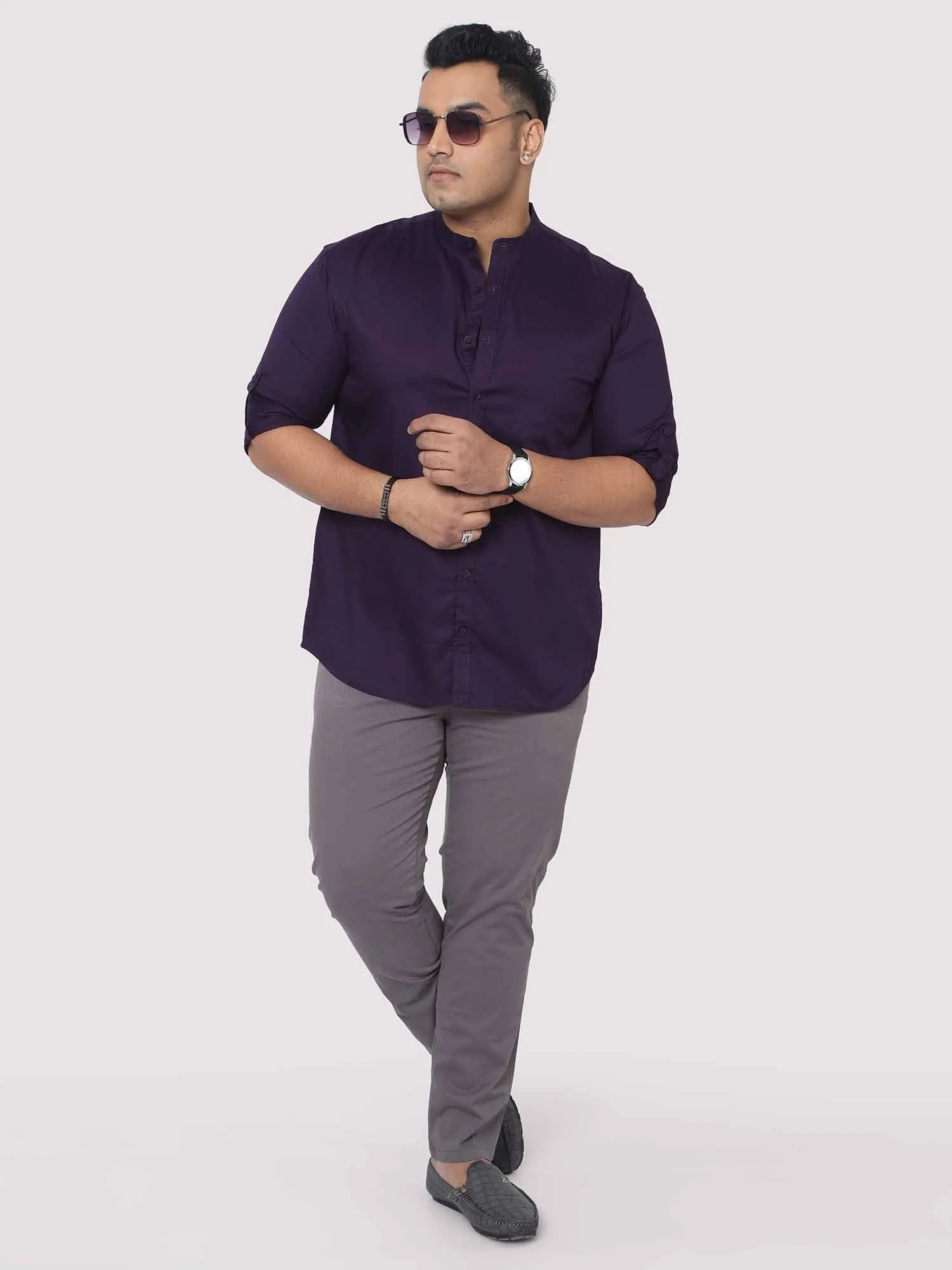 Regal Purple Mandarin Collar Men's Plus Size Cotton Full Shirt