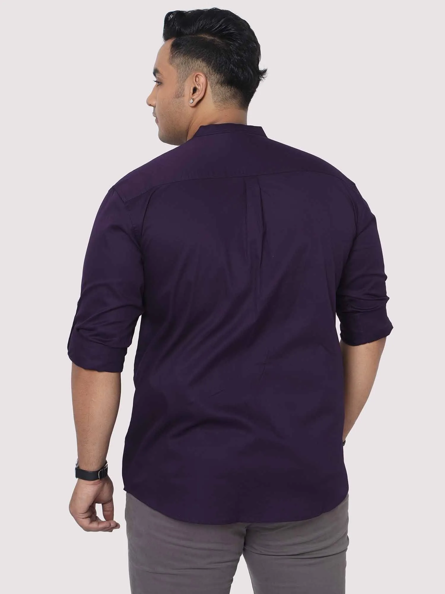 Regal Purple Mandarin Collar Men's Plus Size Cotton Full Shirt