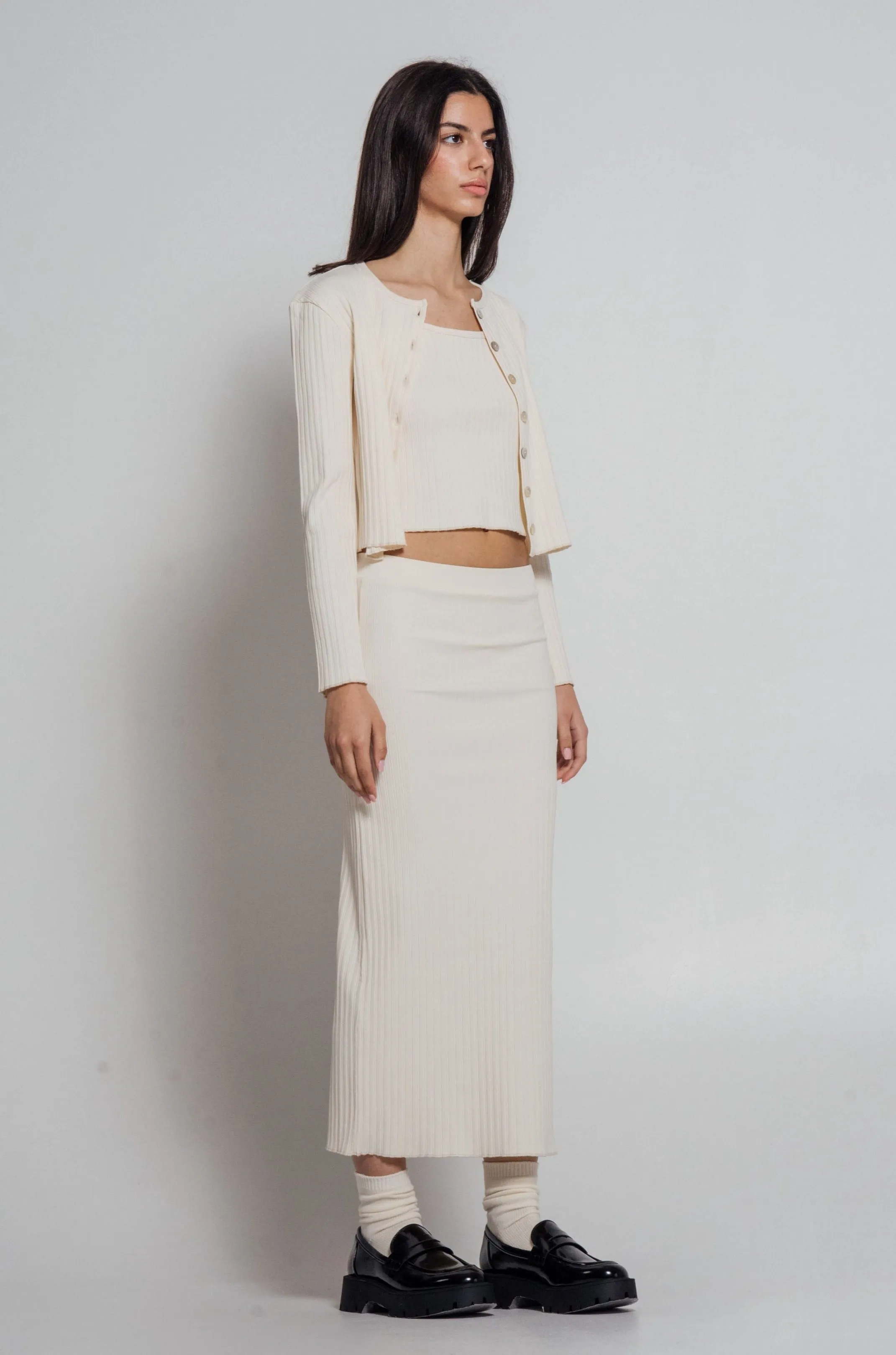 Rib Knit Midi Skirt Ivory