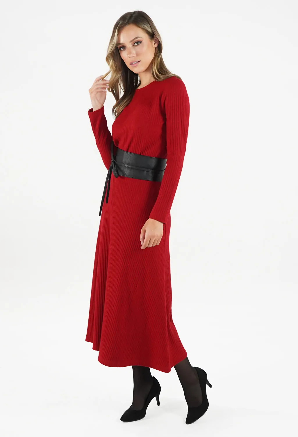 Rust Ribbed Knit Midi Skirt