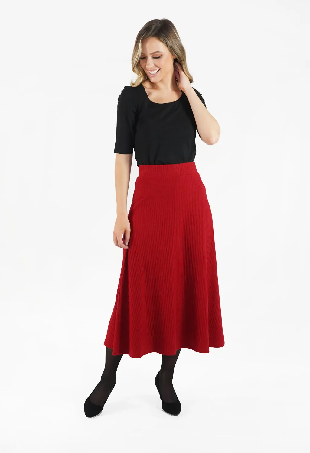 Rust Ribbed Knit Midi Skirt